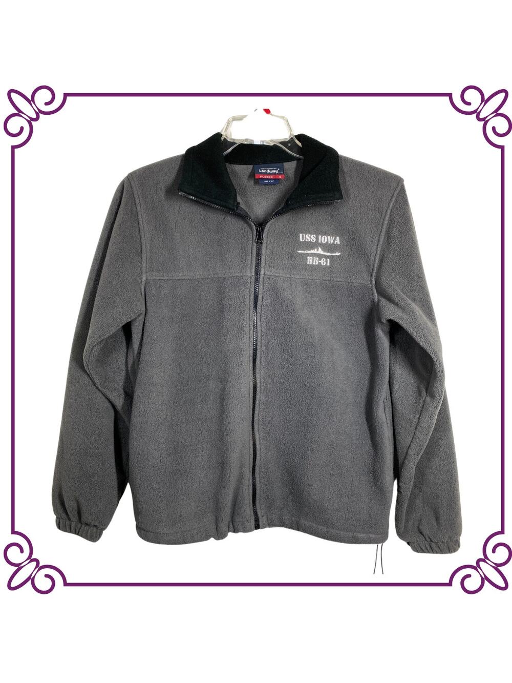 Landway Fleese Gray Souvenir USS IOWA BB-61 Relaxed Fit Zip Up Jacket SMALL
